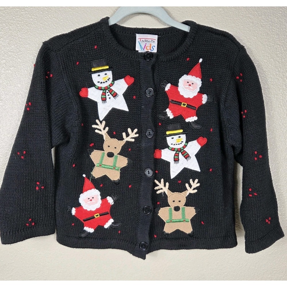 Vintage Talbots Kids Christmas Cardigan 2/3 Santa Snowman Reindeer Applique